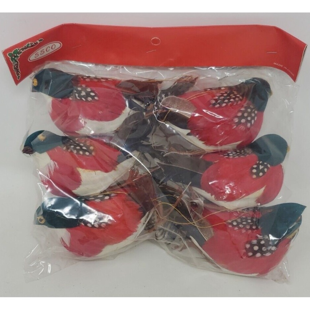 NOS Lot of 6 Red Cotton Spun Bird Christmas Ornaments Decore